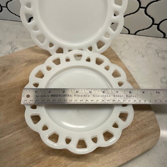 Hazel Atlas Lace Edge Milk Glass 8" Salad Plates, Mid Century, weddings set of 2 - Picture 2 of 4
